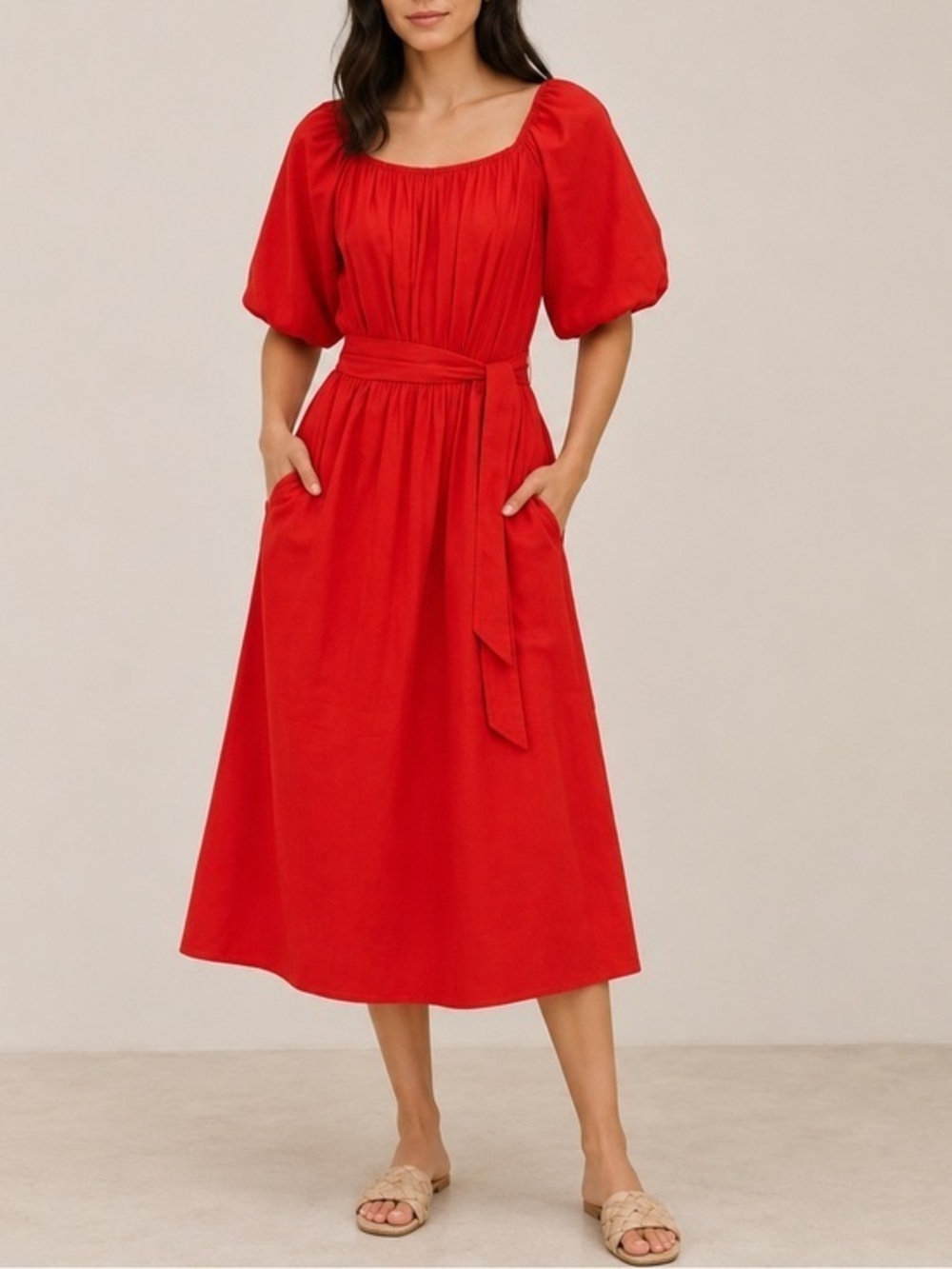Roller Rabbit Arria Red Puff Sleeve Belted Cottagecore Midi Dress